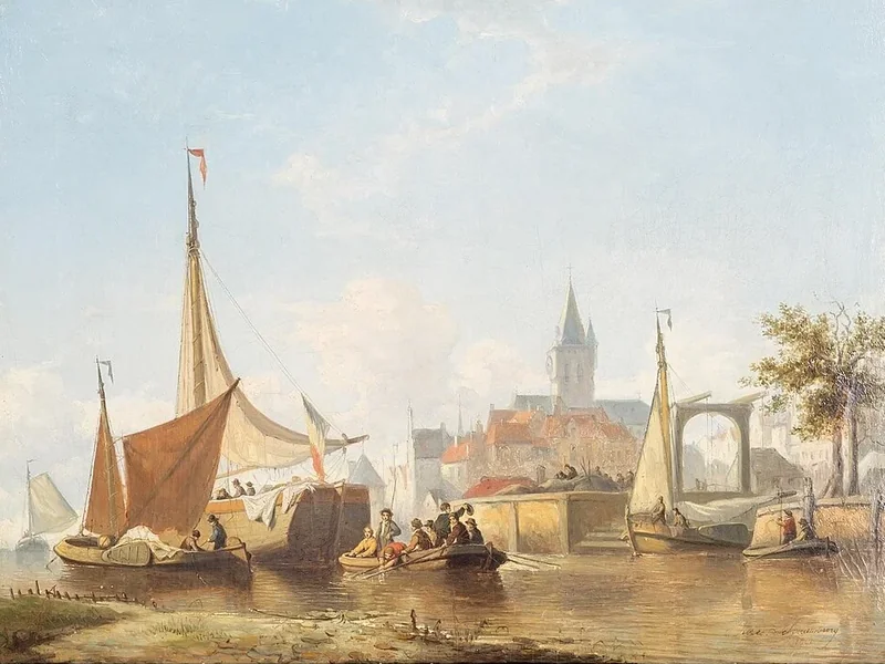 1839-Jules Schaumburg - Veliero e barche olandesi davanti al porto